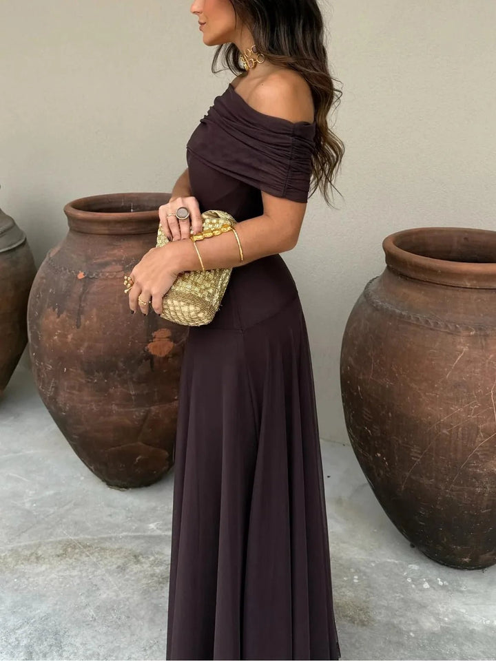 Margaret | Elegant Off - Shoulder Ruched Maxi Dress - Emma's Dresses
