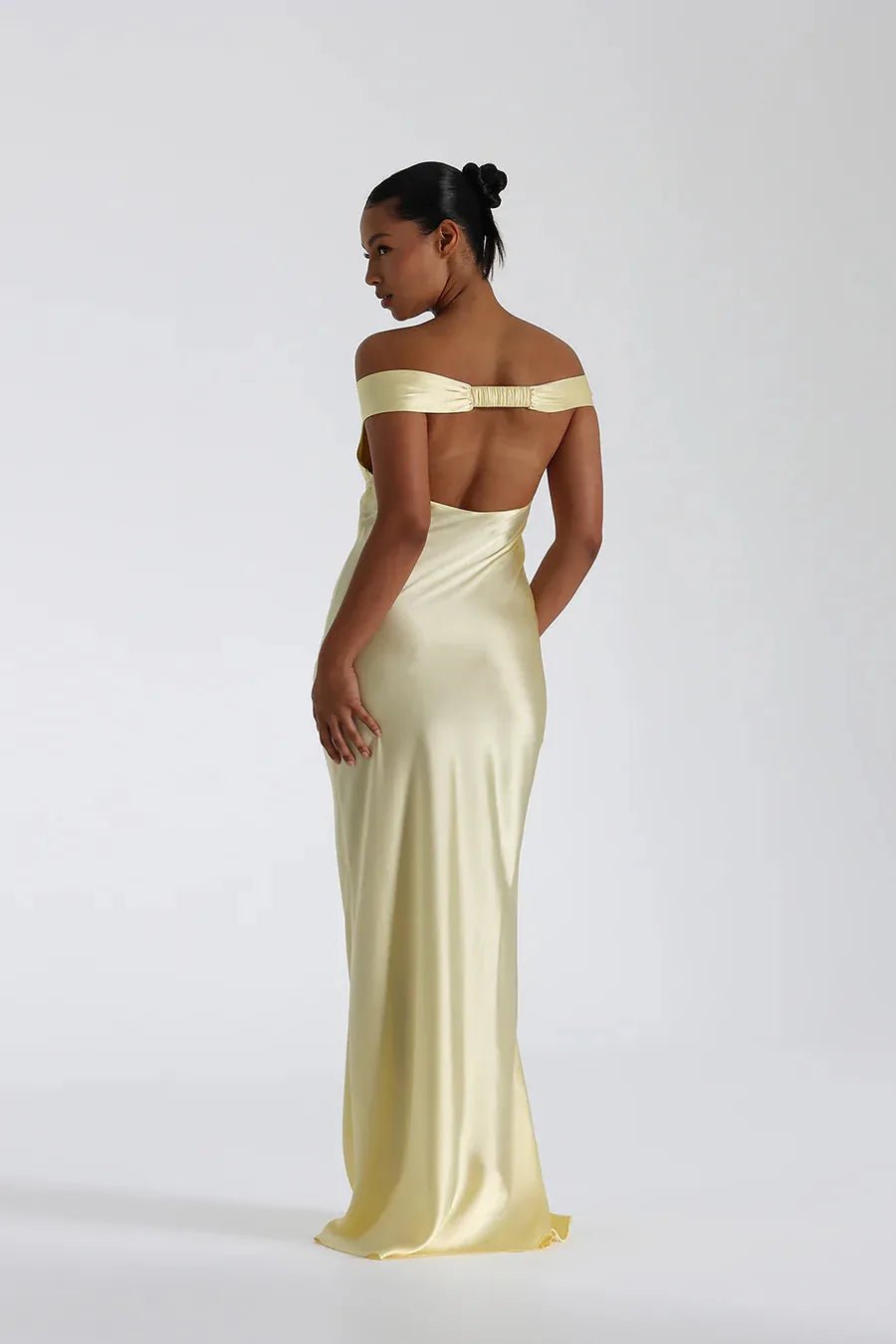 Iris | Elegant Yellow Off - Shoulder Satin Maxi Dress - Emma's Dresses