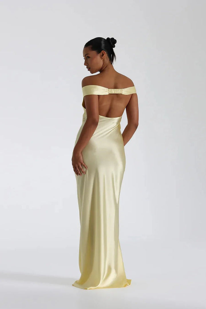 Iris | Elegant Yellow Off - Shoulder Satin Maxi Dress - Emma's Dresses