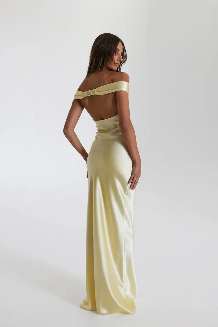 Iris | Elegant Yellow Off - Shoulder Satin Maxi Dress - Emma's Dresses