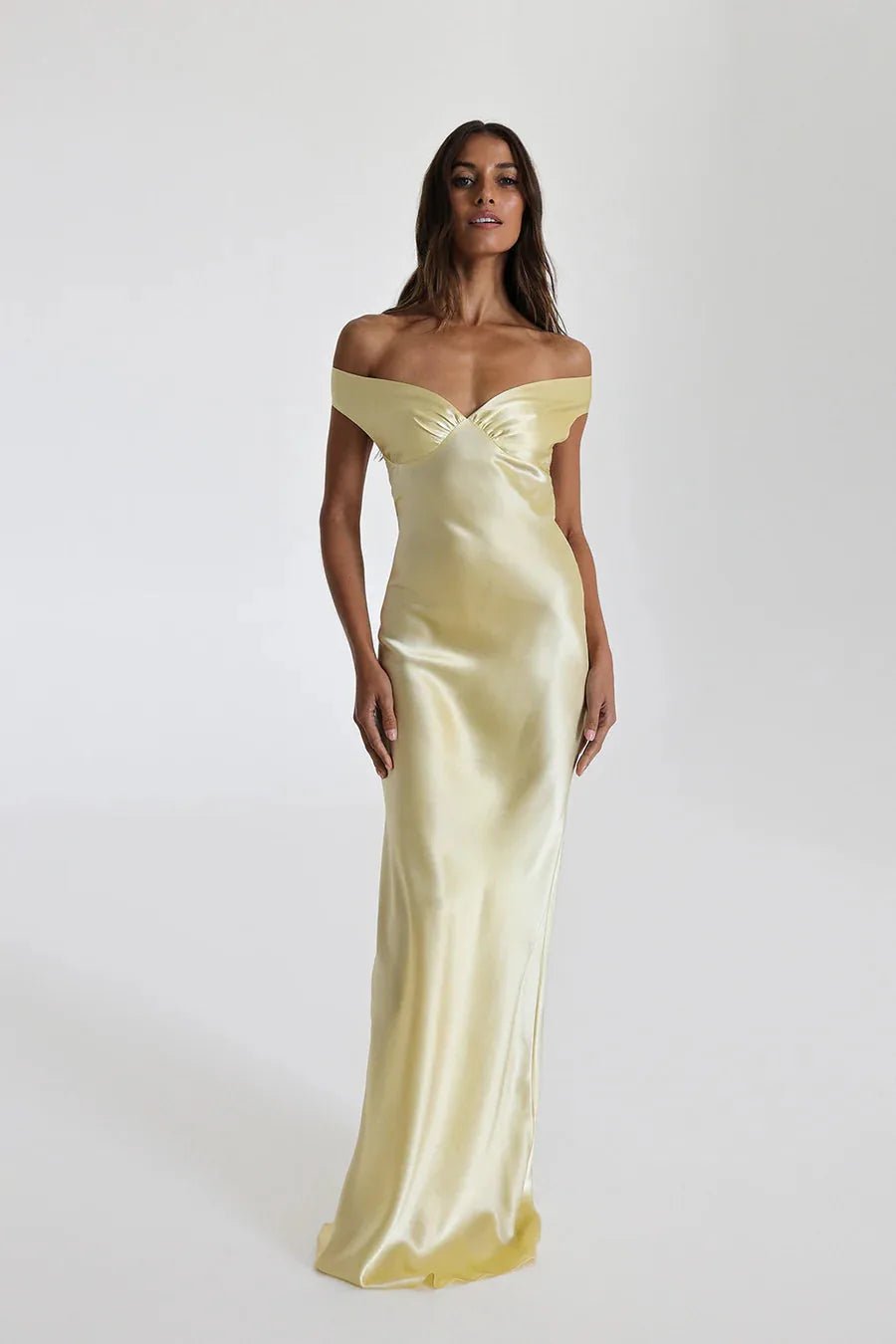 Iris | Elegant Yellow Off - Shoulder Satin Maxi Dress - Emma's Dresses