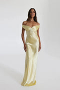 Iris | Elegant Yellow Off-Shoulder Satin Maxi Dress