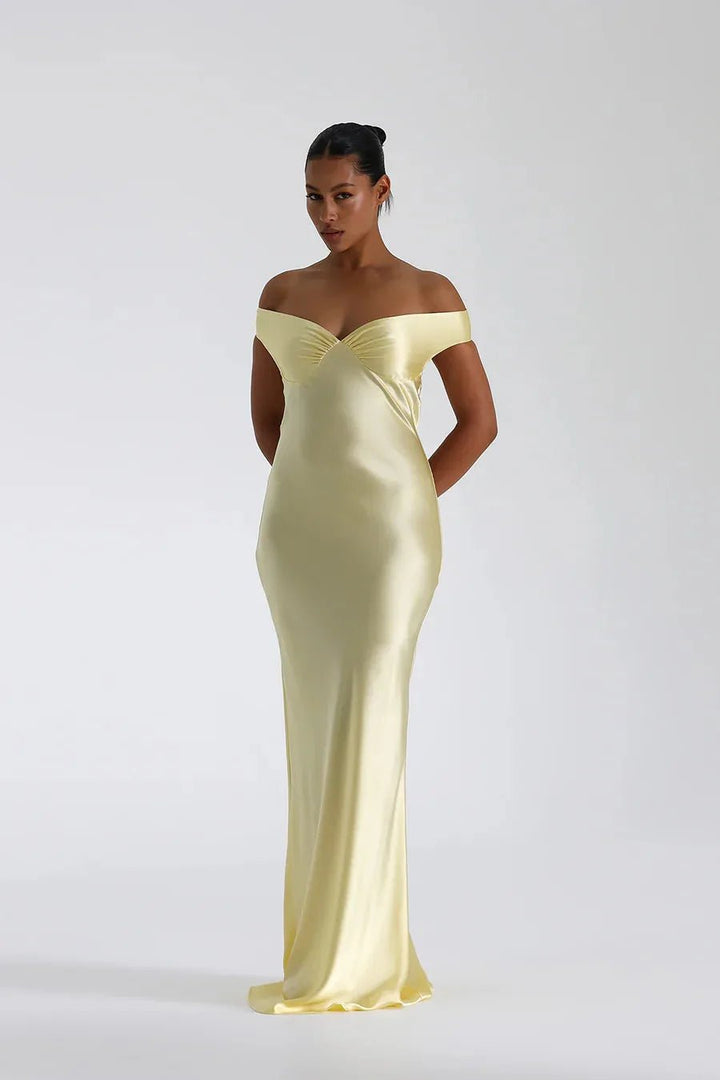 Iris | Elegant Yellow Off - Shoulder Satin Maxi Dress - Emma's Dresses