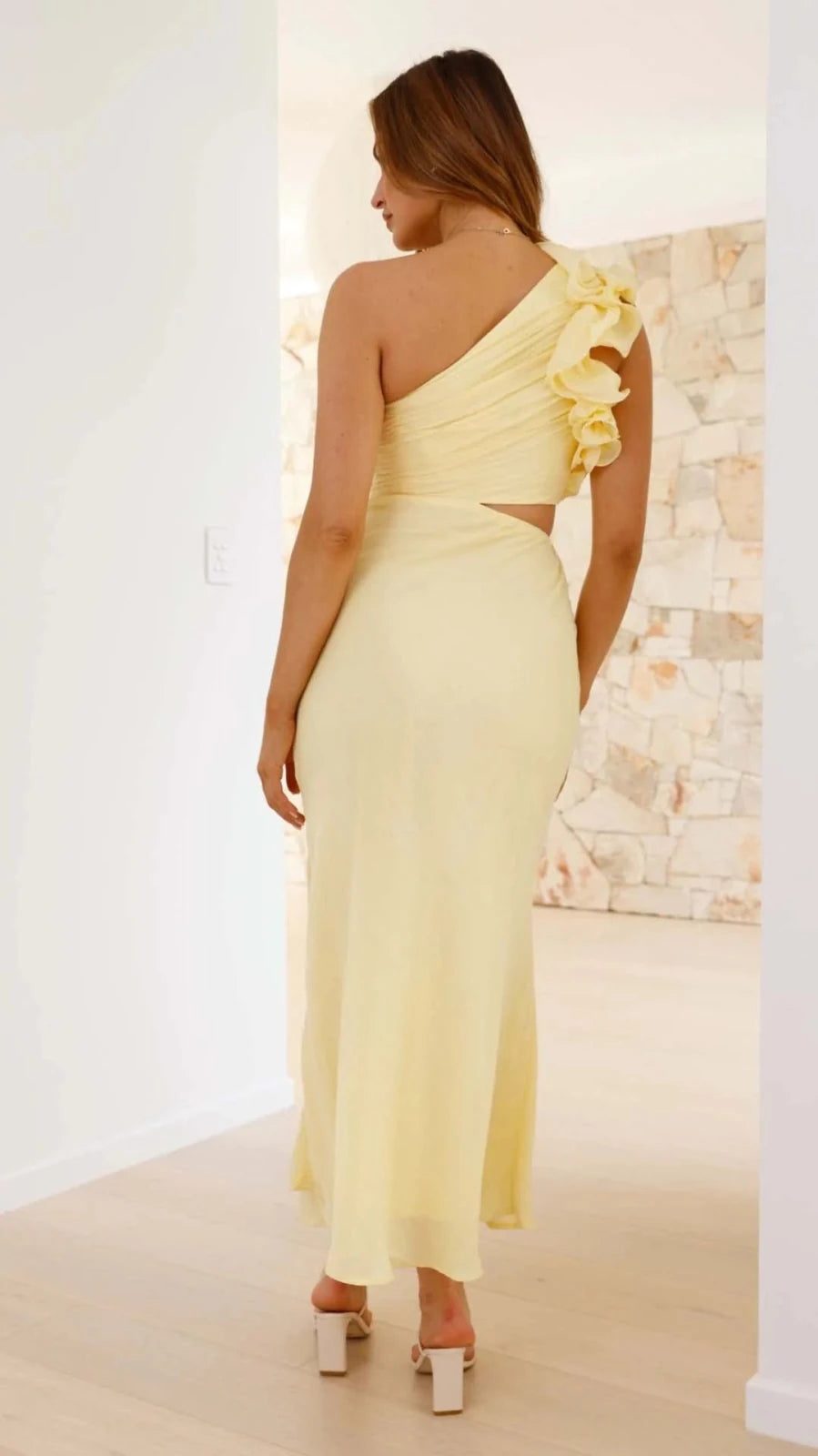 Elena | Elegant One Shoulder Yellow Cutout Midi Dress - Emma's Dresses