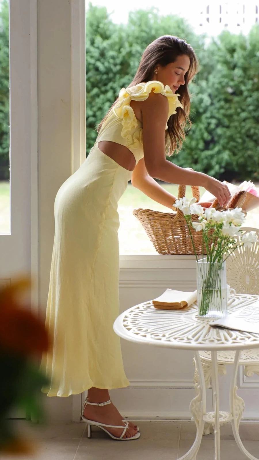 Elena | Elegant One Shoulder Yellow Cutout Midi Dress - Emma's Dresses