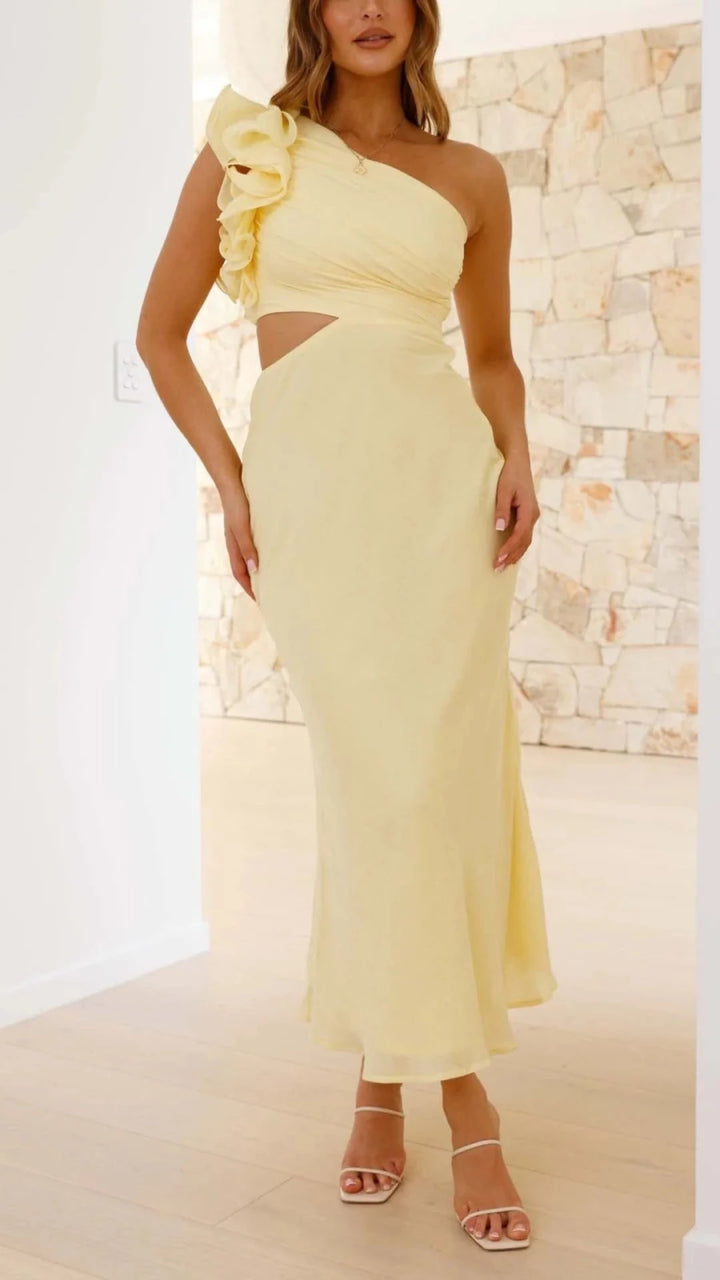 Elena | Elegant One Shoulder Yellow Cutout Midi Dress - Emma's Dresses