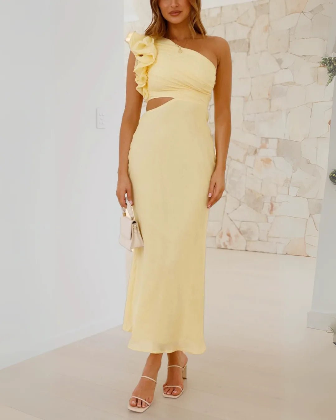 Elena | Elegant One Shoulder Yellow Cutout Midi Dress - Emma's Dresses