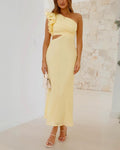 Elena | Elegant One Shoulder Yellow Cutout Midi Dress