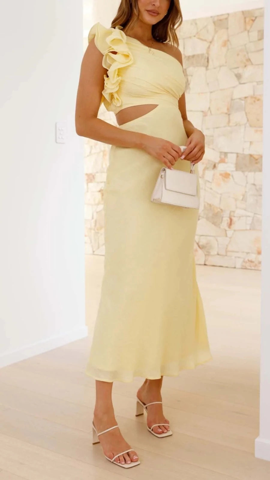 Elena | Elegant One Shoulder Yellow Cutout Midi Dress - Emma's Dresses