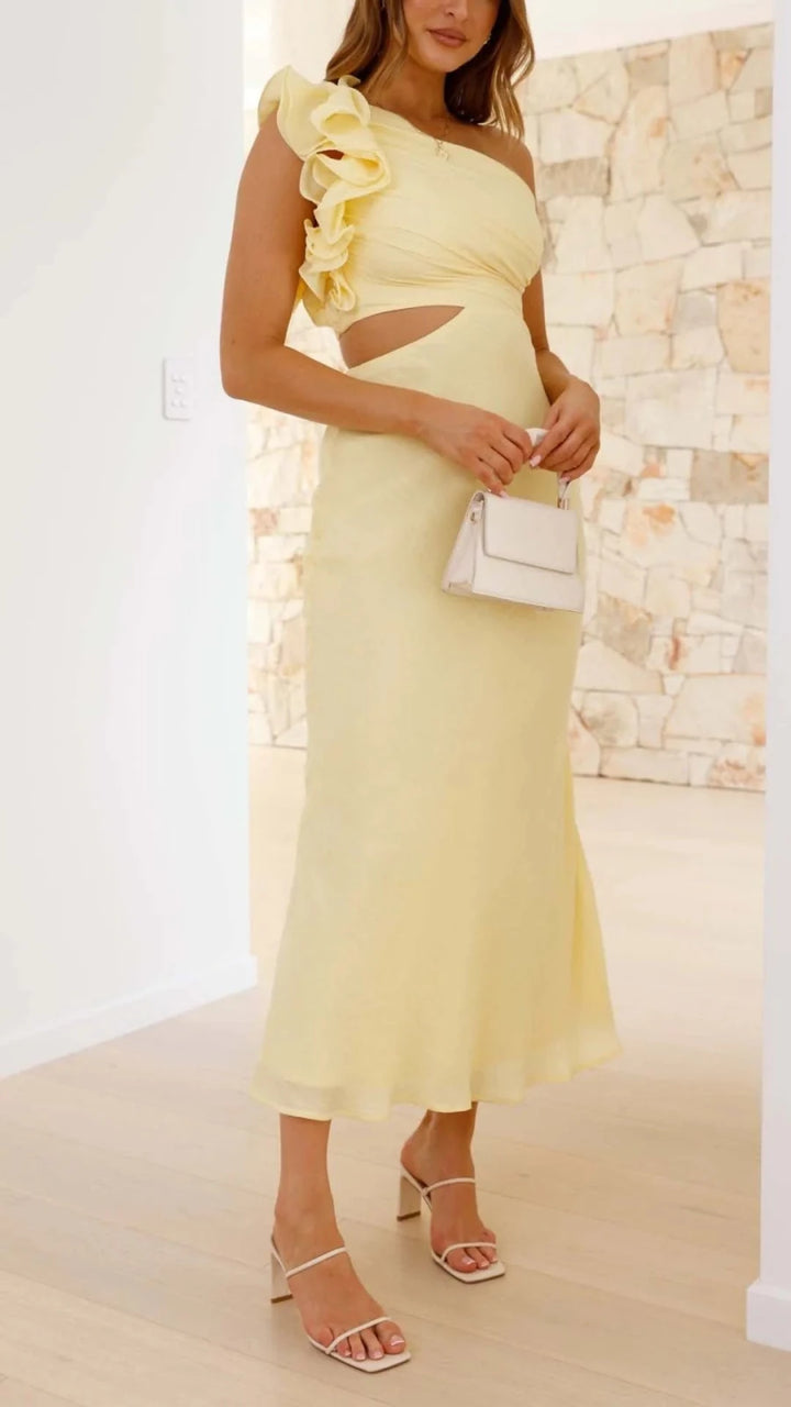 Elena | Elegant One Shoulder Yellow Cutout Midi Dress - Emma's Dresses
