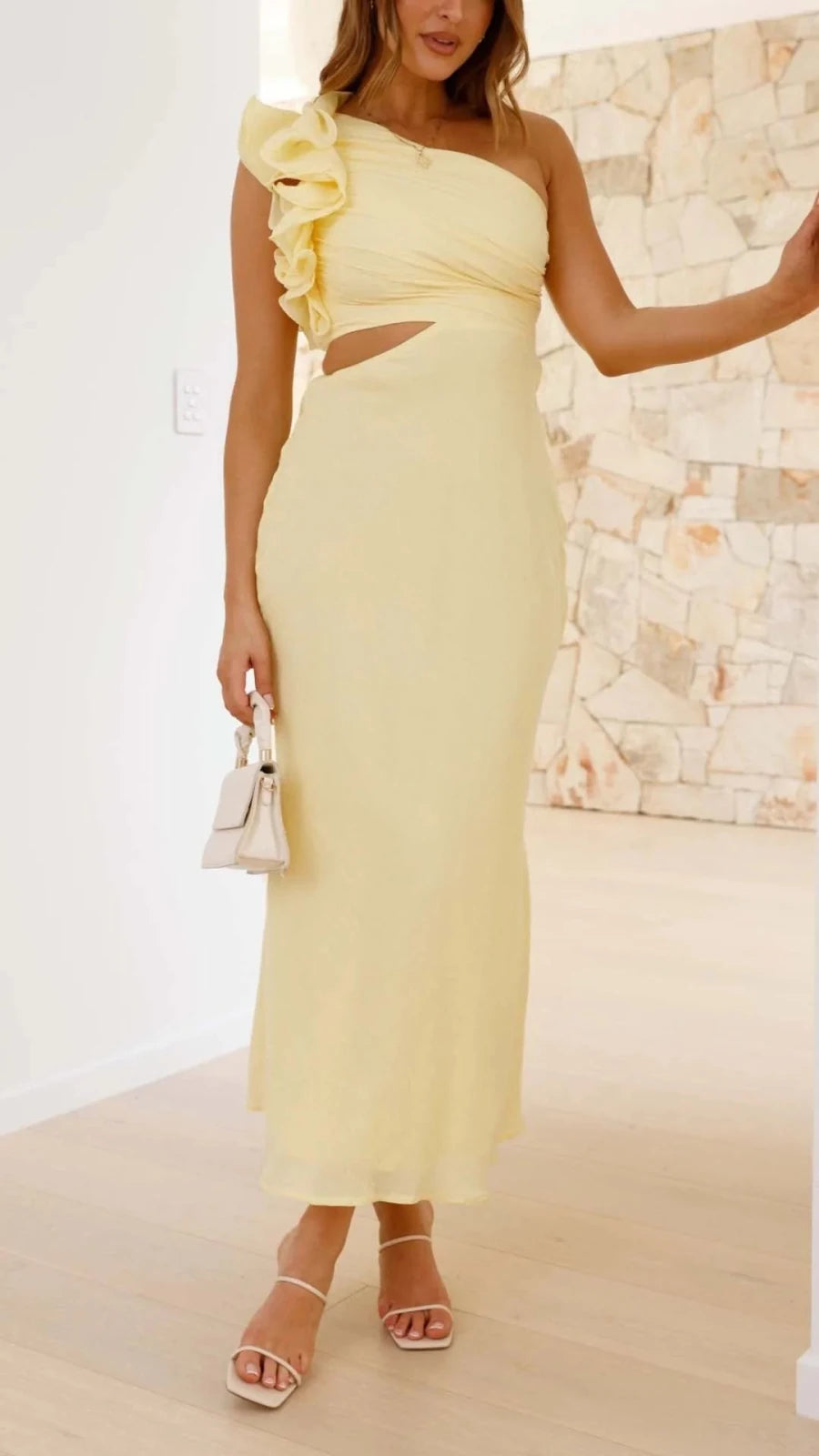 Elena | Elegant One Shoulder Yellow Cutout Midi Dress - Emma's Dresses