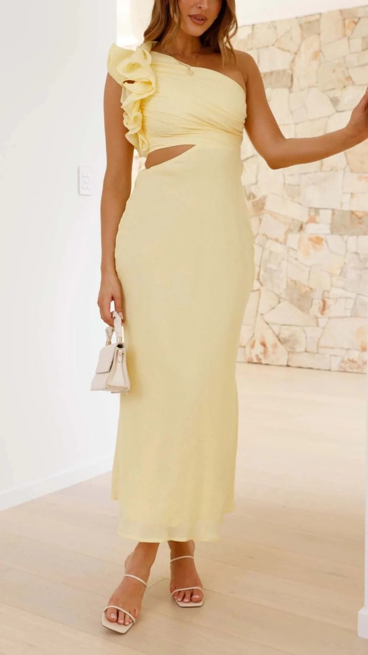 Elena | Elegant One Shoulder Yellow Cutout Midi Dress - Emma's Dresses