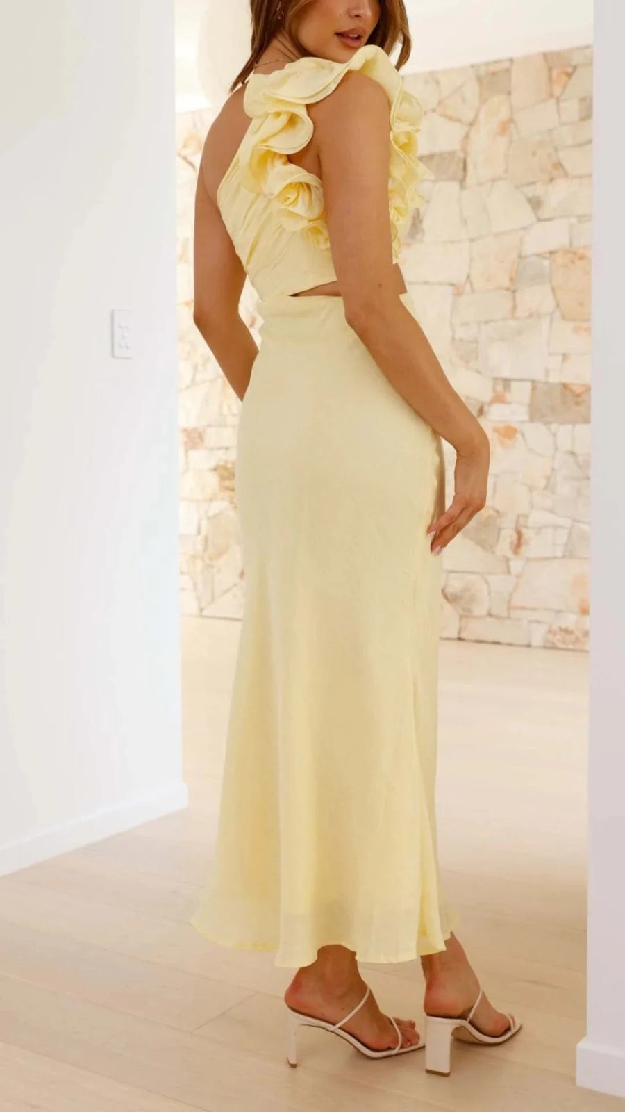 Elena | Elegant One Shoulder Yellow Cutout Midi Dress - Emma's Dresses