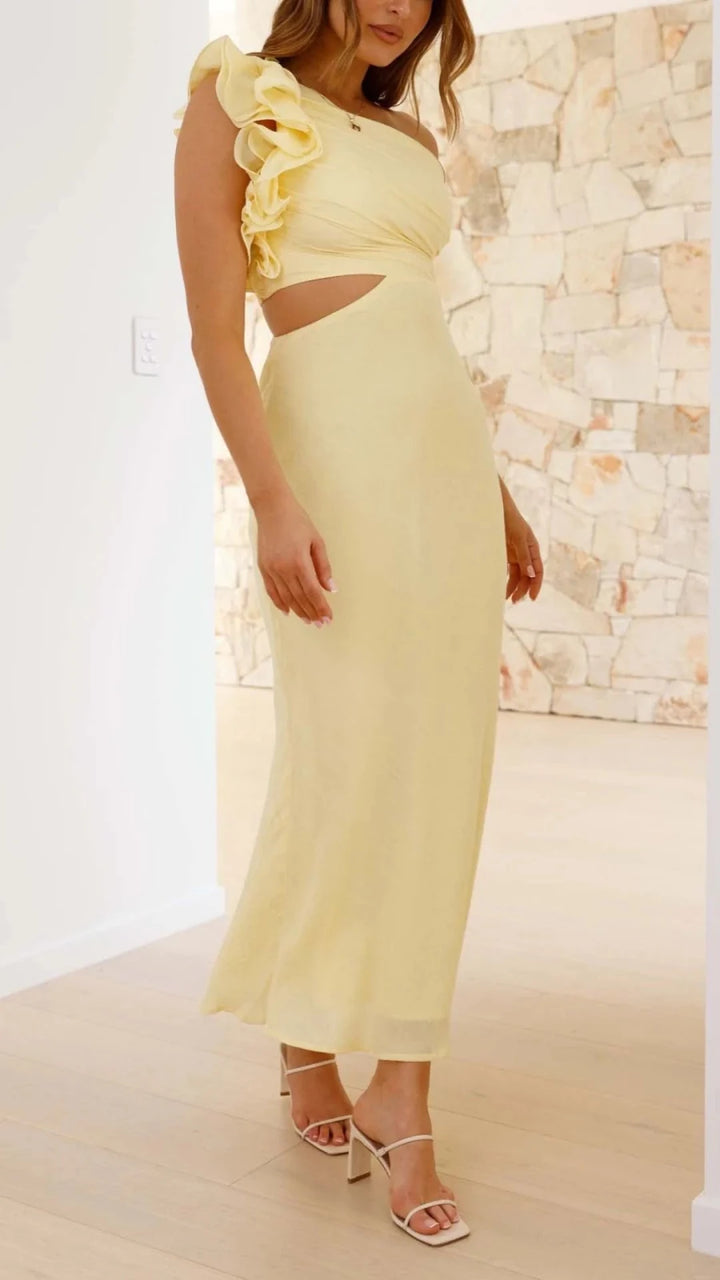 Elena | Elegant One Shoulder Yellow Cutout Midi Dress - Emma's Dresses