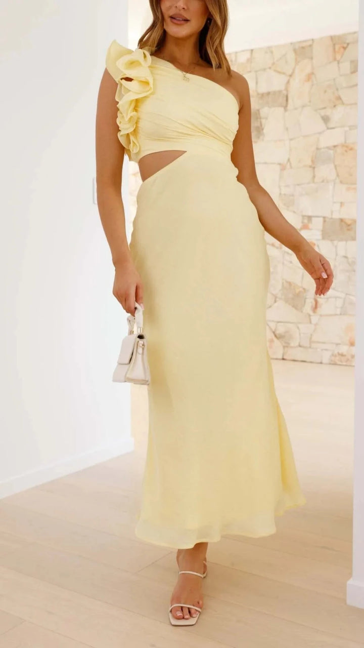 Elena | Elegant One Shoulder Yellow Cutout Midi Dress - Emma's Dresses