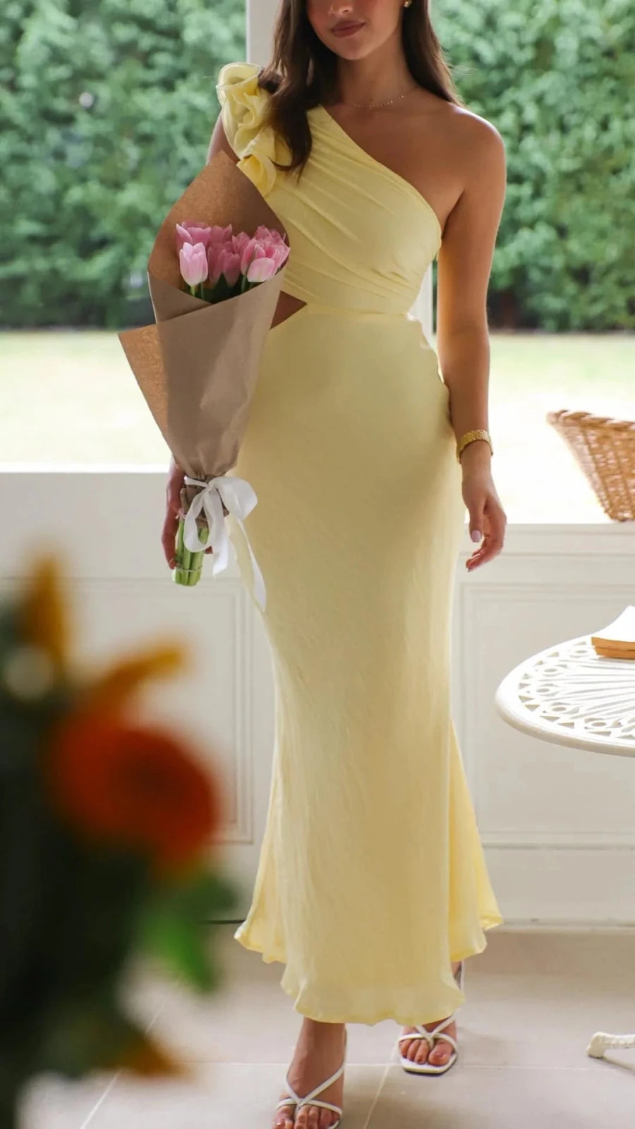 Elena | Elegant One Shoulder Yellow Cutout Midi Dress - Emma's Dresses