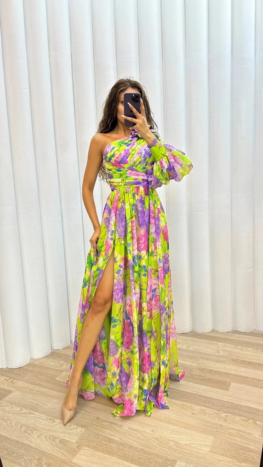 Vivienne | Elegant One - Shoulder Floral Maxi Dress With Slit - Emma's Dresses