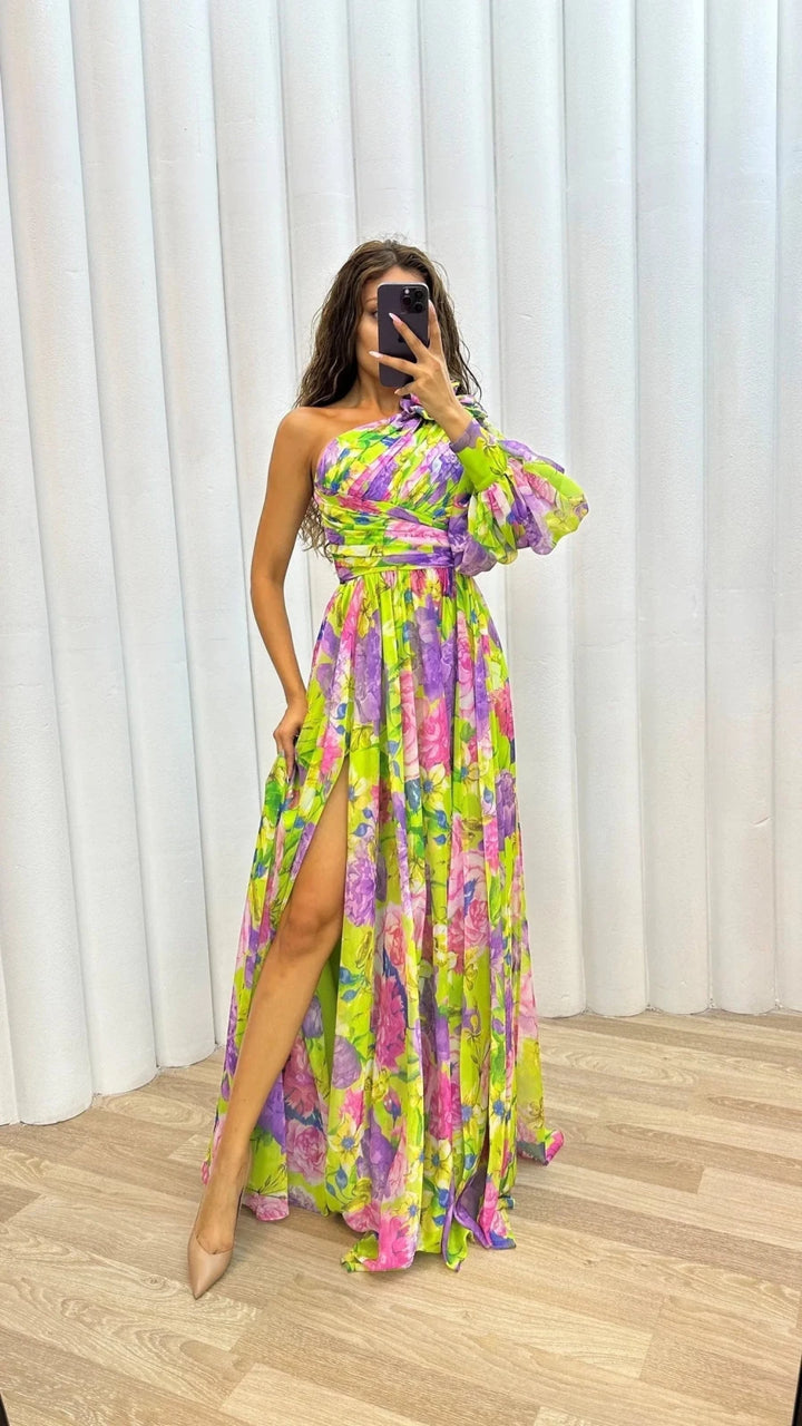 Vivienne | Elegant One - Shoulder Floral Maxi Dress With Slit - Emma's Dresses