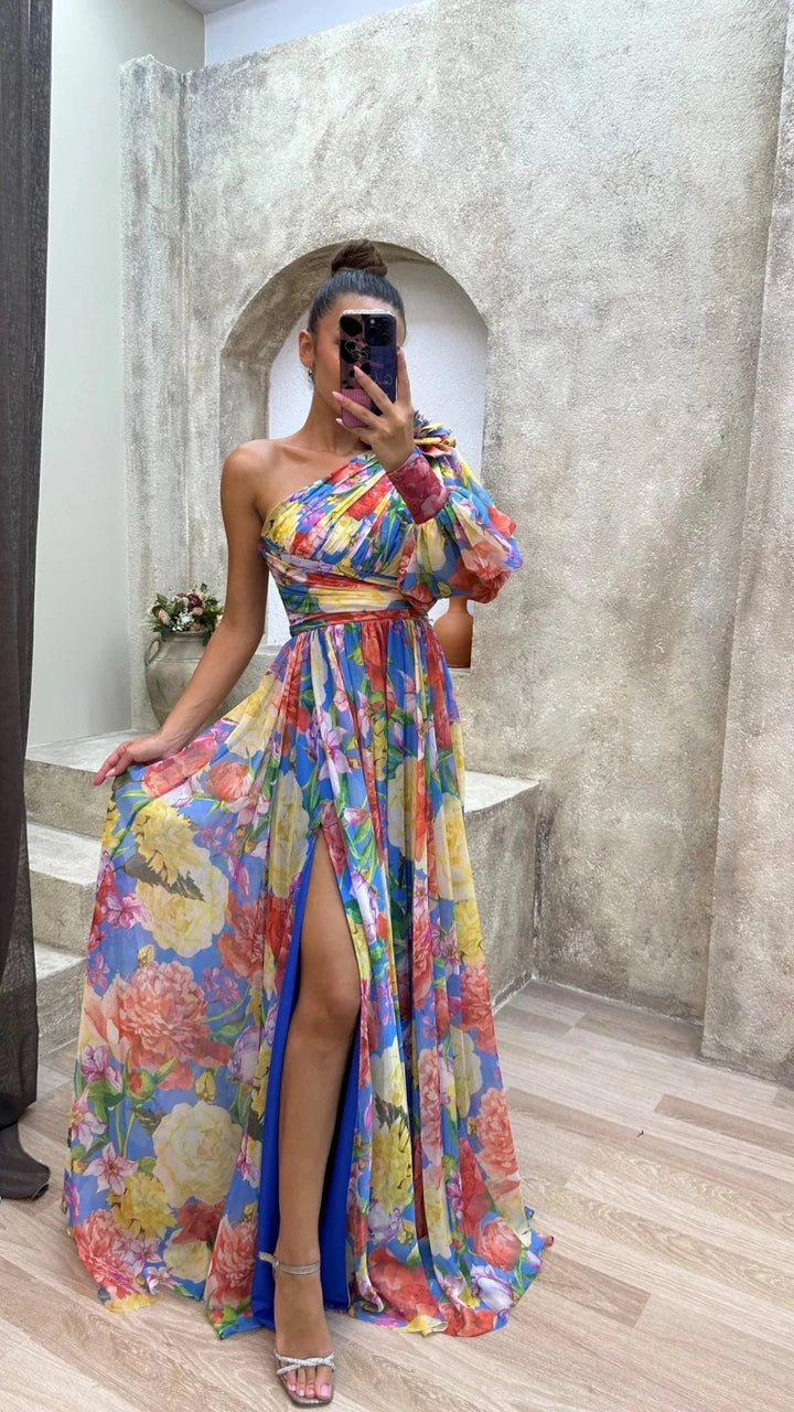 Vivienne | Elegant One - Shoulder Floral Maxi Dress With Slit - Emma's Dresses
