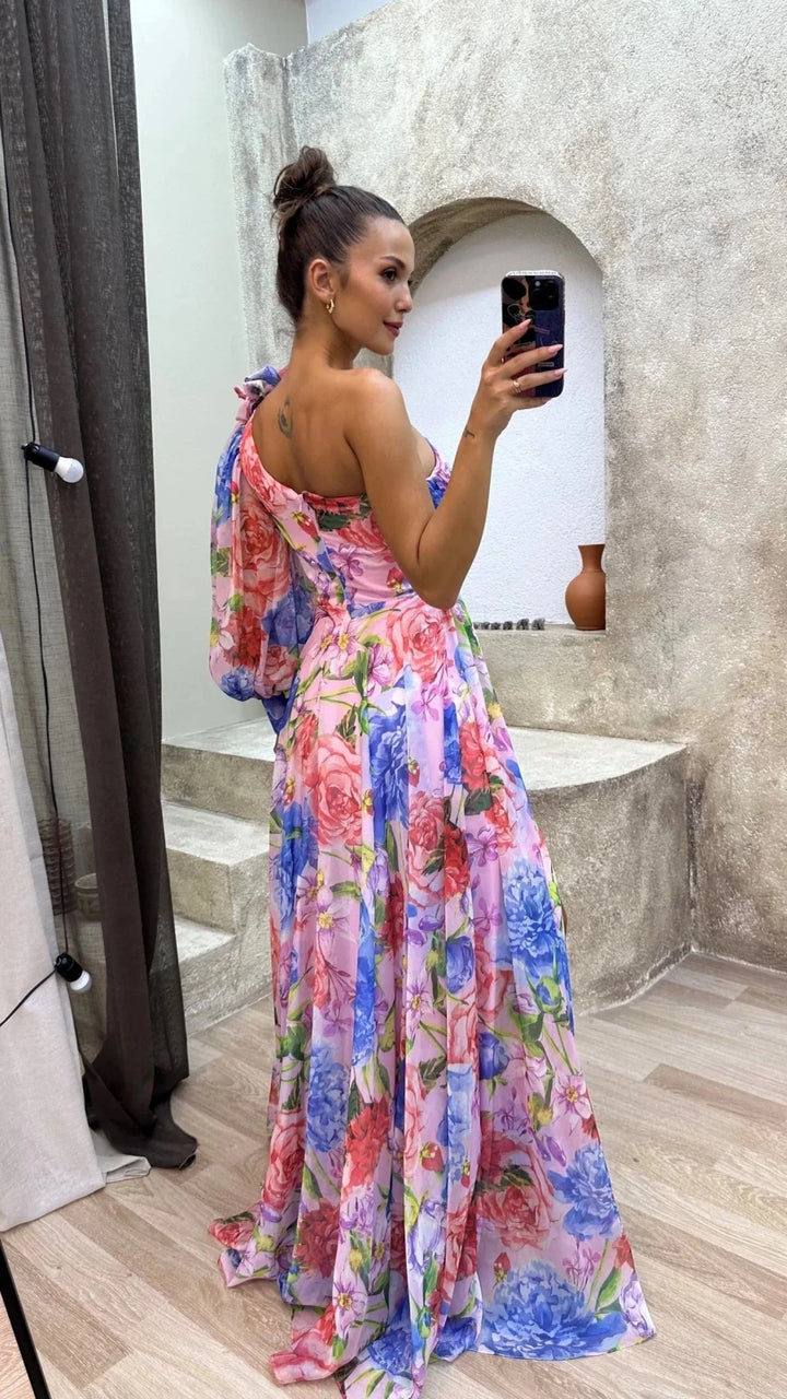 Vivienne | Elegant One - Shoulder Floral Maxi Dress With Slit - Emma's Dresses