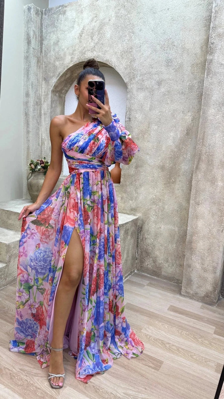 Vivienne | Elegant One - Shoulder Floral Maxi Dress With Slit - Emma's Dresses
