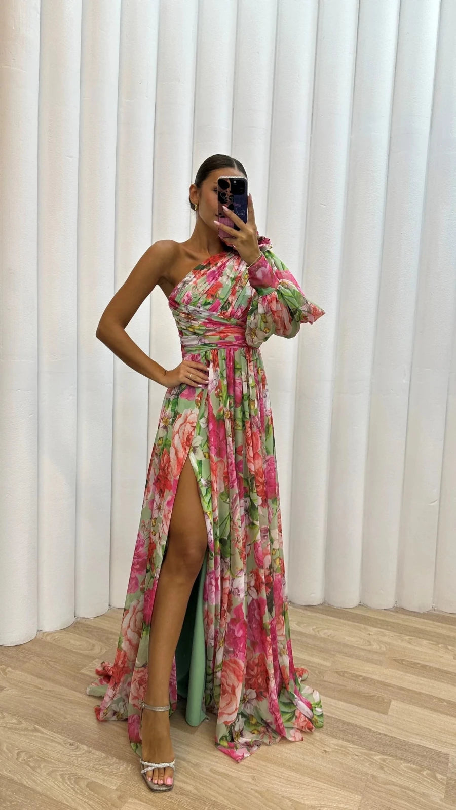 Vivienne | Elegant One - Shoulder Floral Maxi Dress With Slit - Emma's Dresses