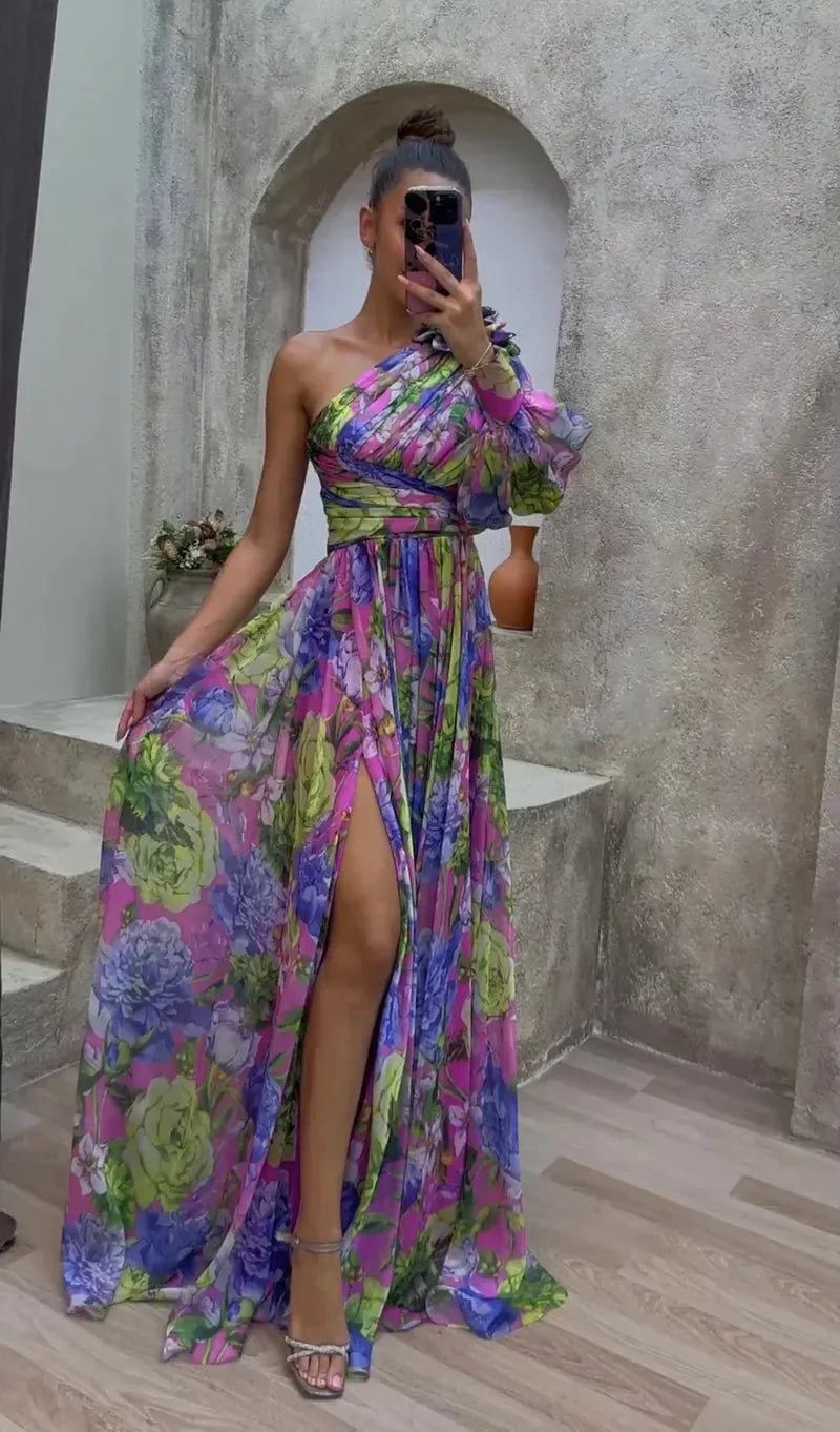 Vivienne | Elegant One - Shoulder Floral Maxi Dress With Slit - Emma's Dresses