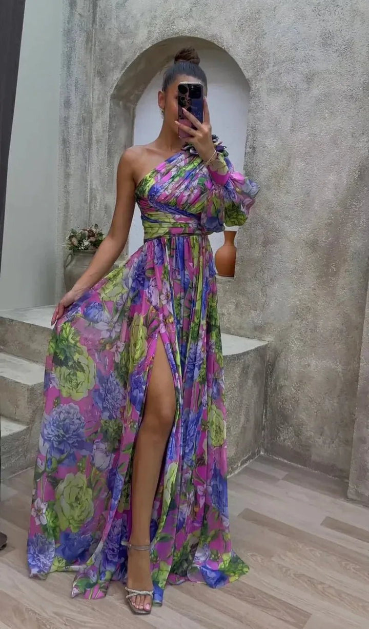 Vivienne | Elegant One - Shoulder Floral Maxi Dress With Slit - Emma's Dresses