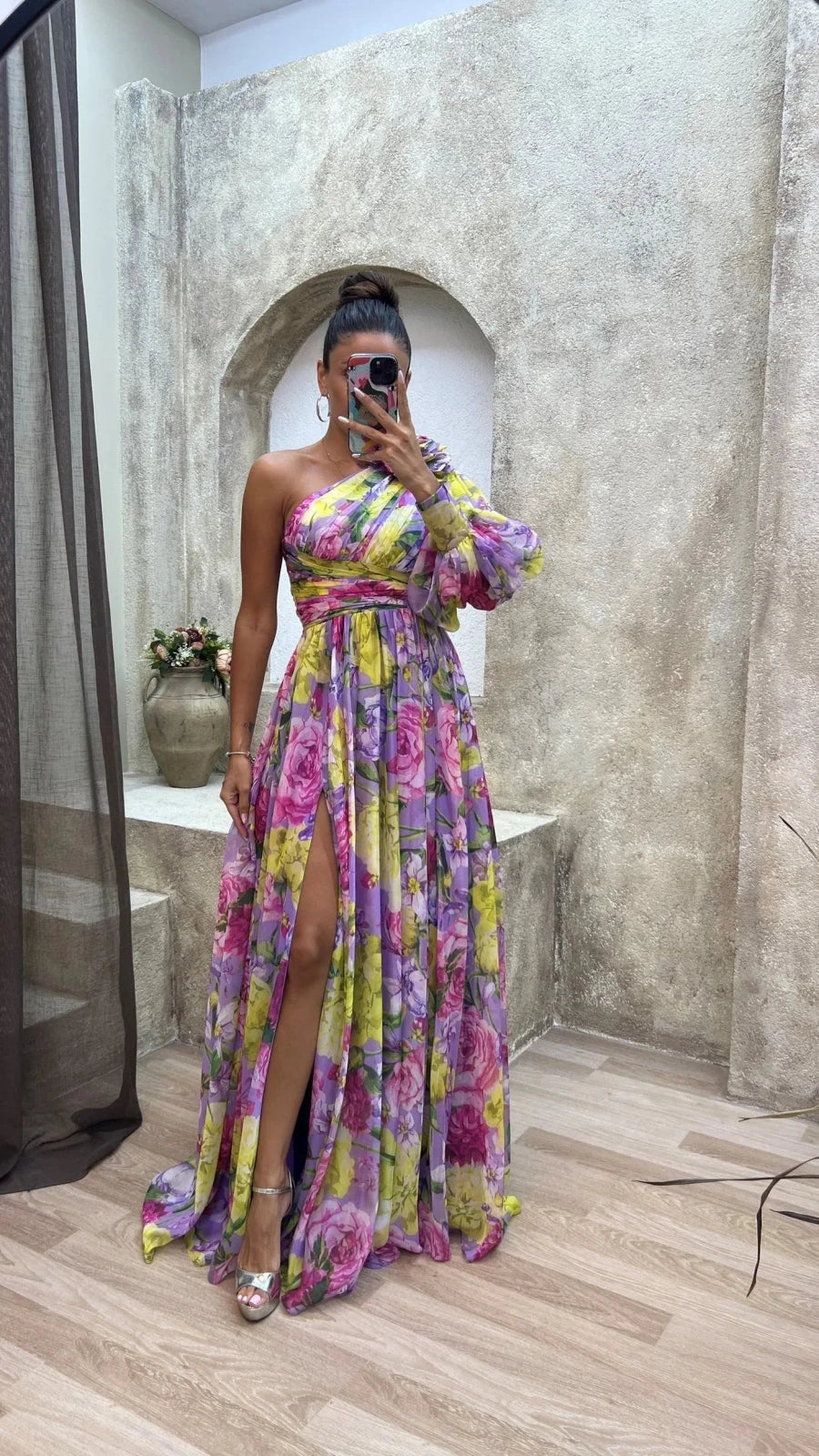 Vivienne | Elegant One - Shoulder Floral Maxi Dress With Slit - Emma's Dresses