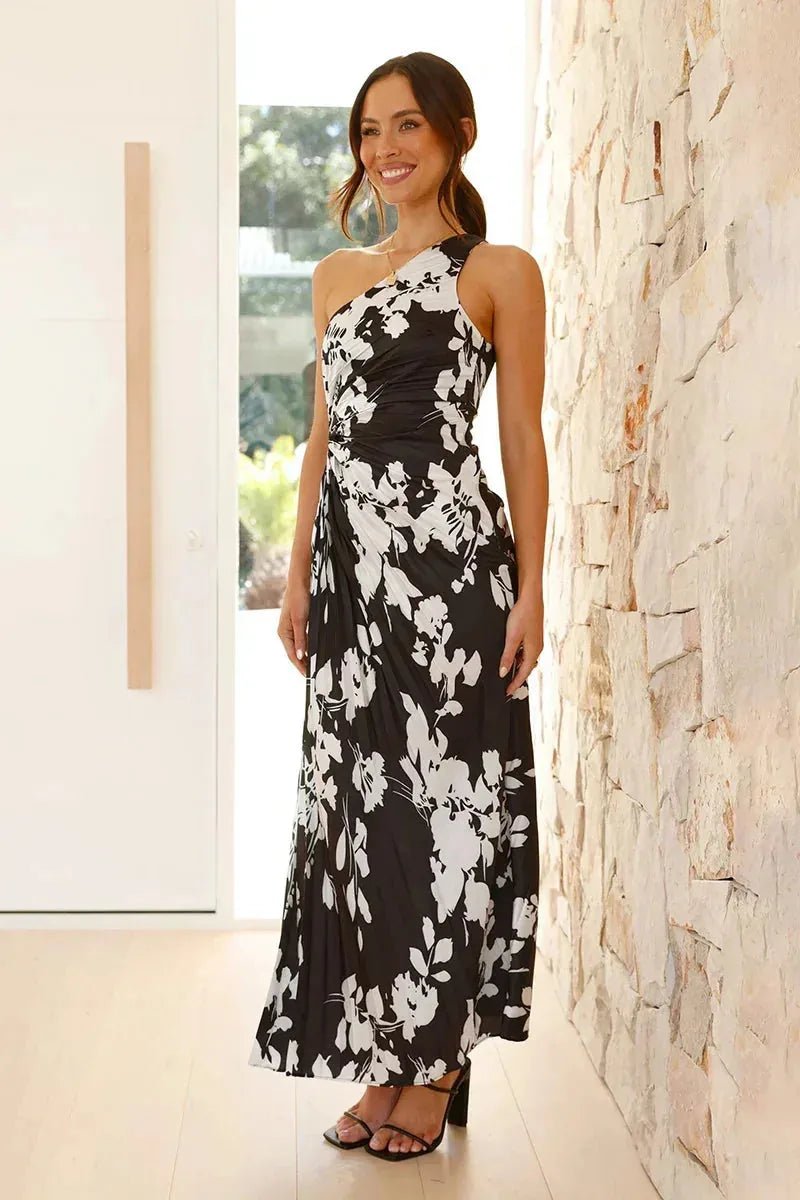 Lena | Elegant One - Shoulder Floral Maxi Dress - Emma's Dresses