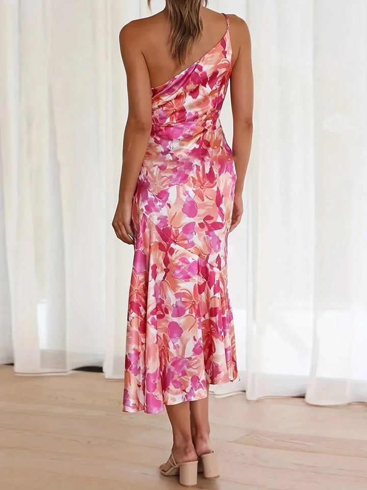 Thea | Elegant One - Shoulder Floral Midi Dress - Emma's Dresses