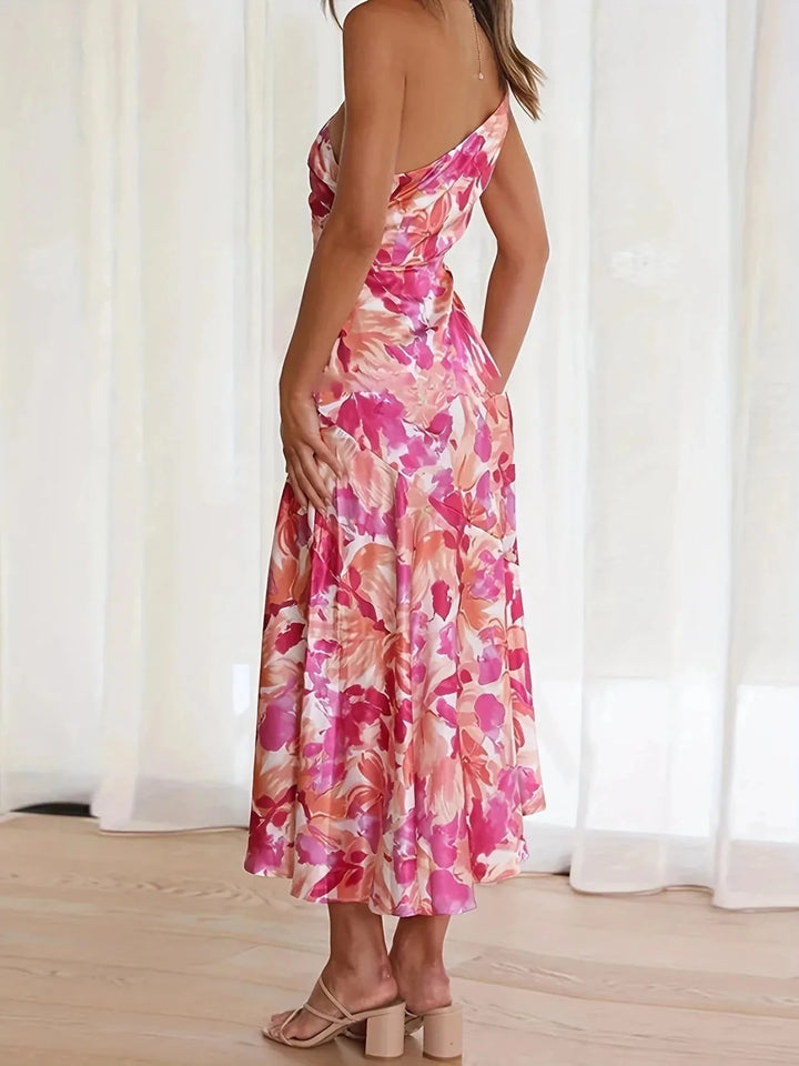 Thea | Elegant One - Shoulder Floral Midi Dress - Emma's Dresses