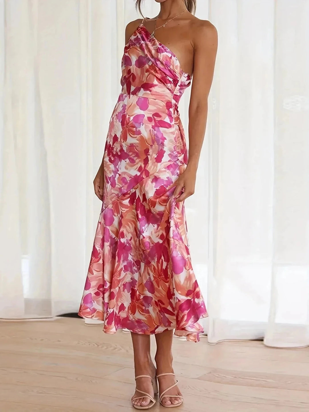 Thea | Elegant One - Shoulder Floral Midi Dress - Emma's Dresses