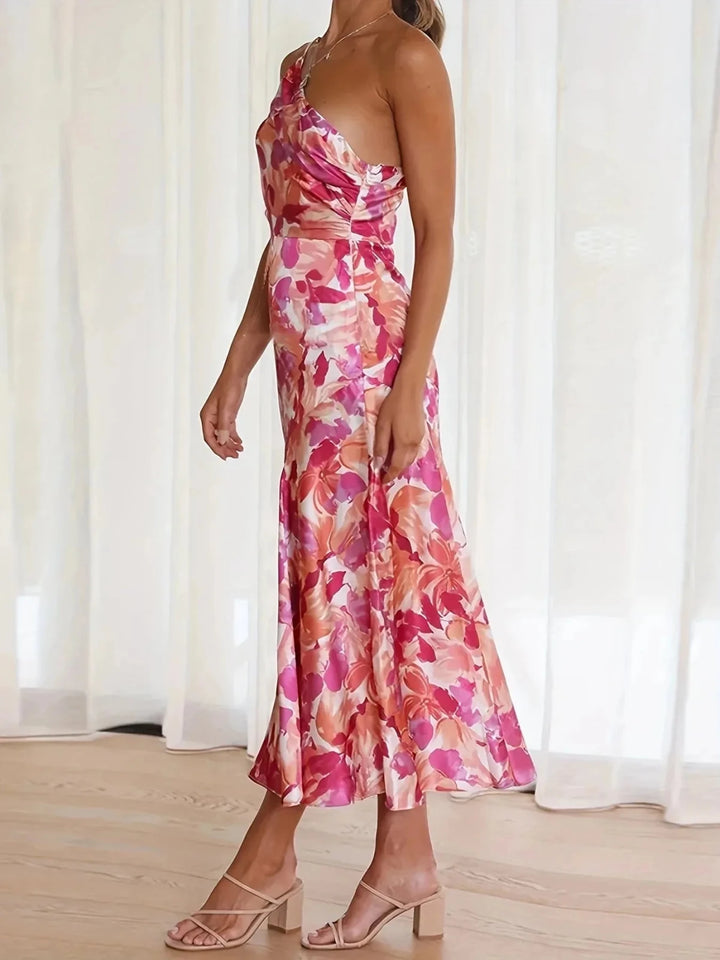 Ava | Elegant One - Shoulder Floral Pink Midi Dress - Emma's Dresses