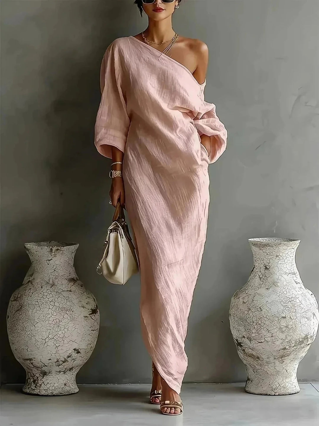 Freya | Elegant One Shoulder Pink Dress Off Shoulder Maxi - Emma's Dresses