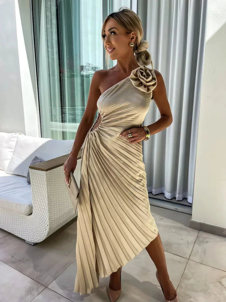 Penelope | Elegant One - Shoulder Pleated Maxi Dress - Emma's Dresses