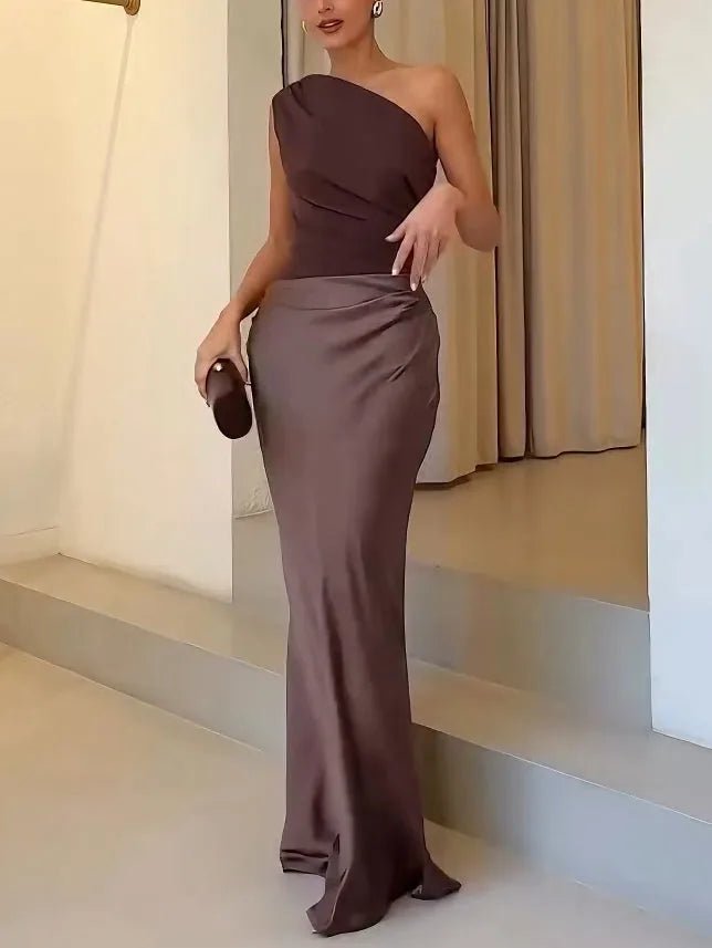 Esme | Elegant Off Shoulder One Shoulder Neck Pleated Party Maxi Dress - Emma's Dresses