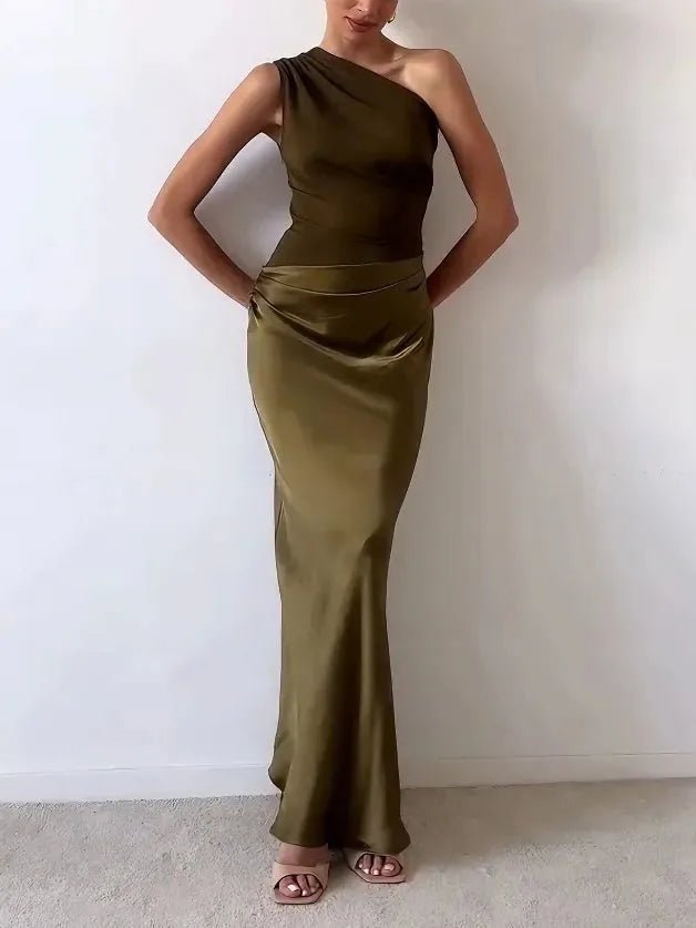 Esme | Elegant Off Shoulder One Shoulder Neck Pleated Party Maxi Dress - Emma's Dresses