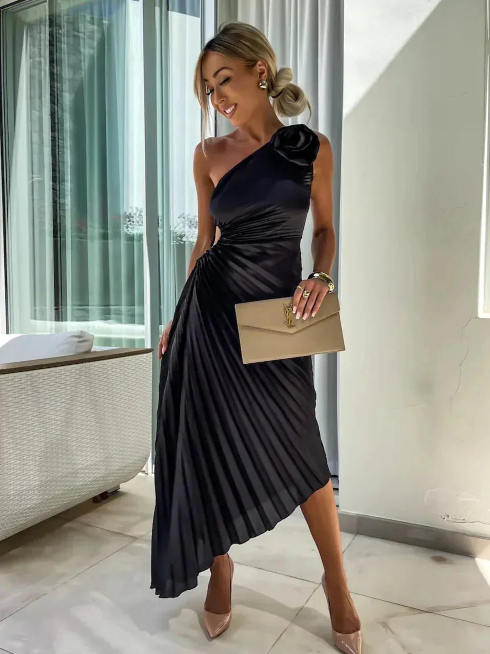 Eva | Elegant One-Shoulder Pleated Wedding Guest Dress – view 8