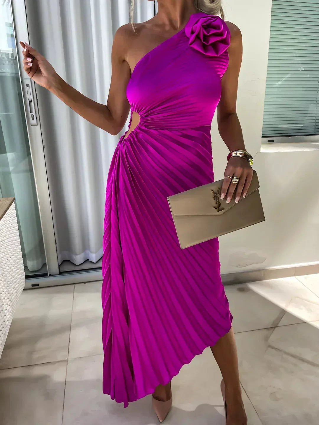Eva | Elegant One-Shoulder Pleated Wedding Guest Dress – view 6