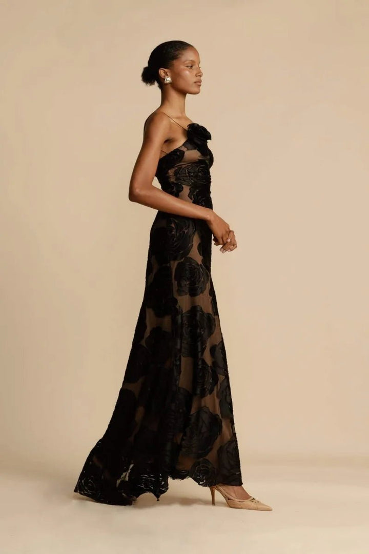 Margot | Elegant Black One Shoulder Rose Floral Maxi Dress - Emma's Dresses