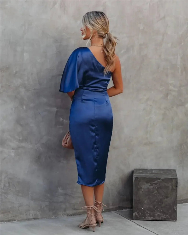 Isabella | Elegant One Shoulder Ruched Midi Dress - Emma's Dresses