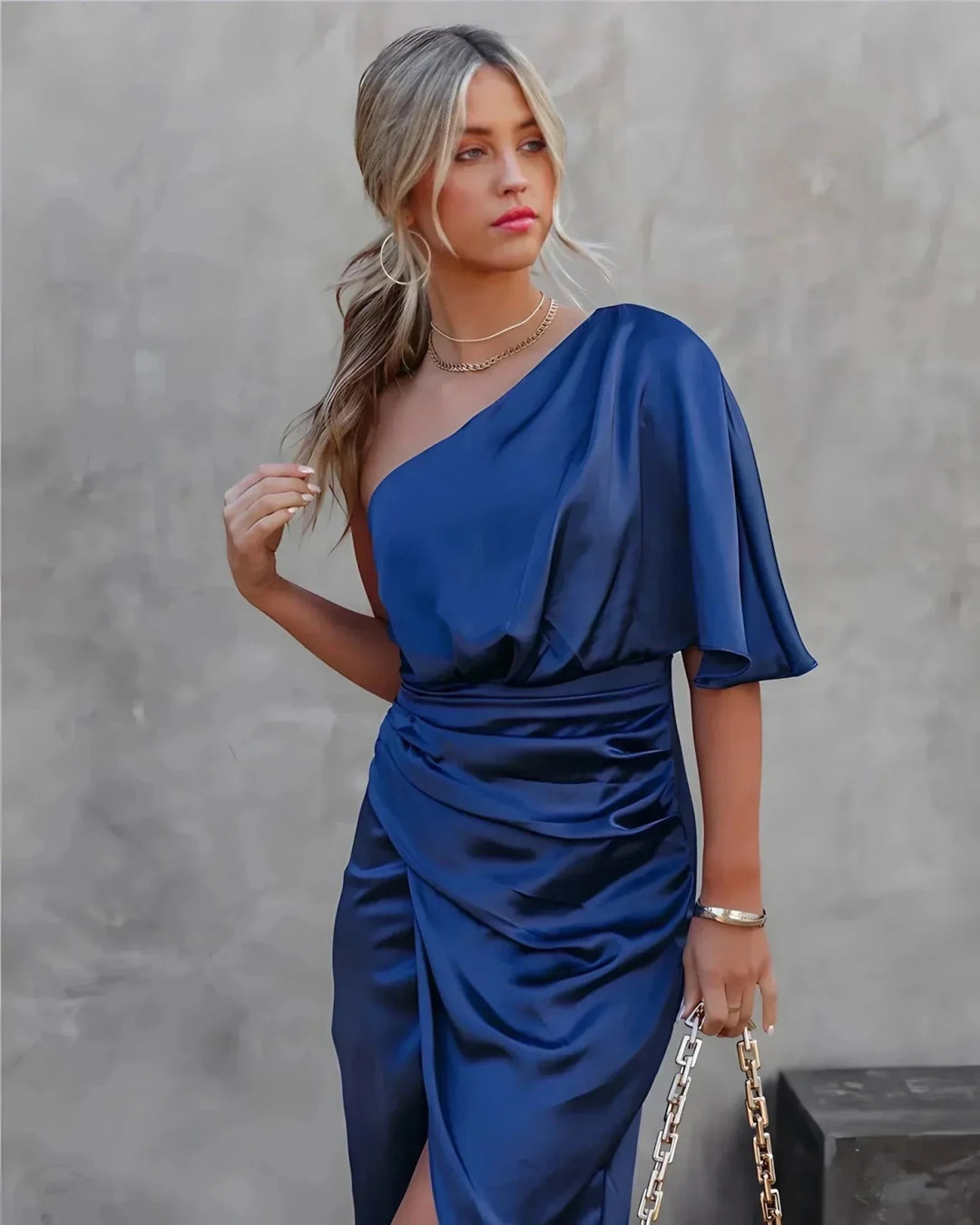 Isabella | Elegant One Shoulder Ruched Midi Dress - Emma's Dresses