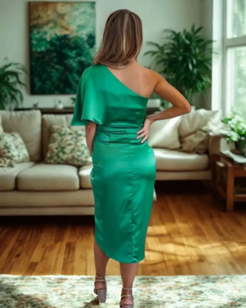 Isabella | Elegant One Shoulder Ruched Midi Dress - Emma's Dresses