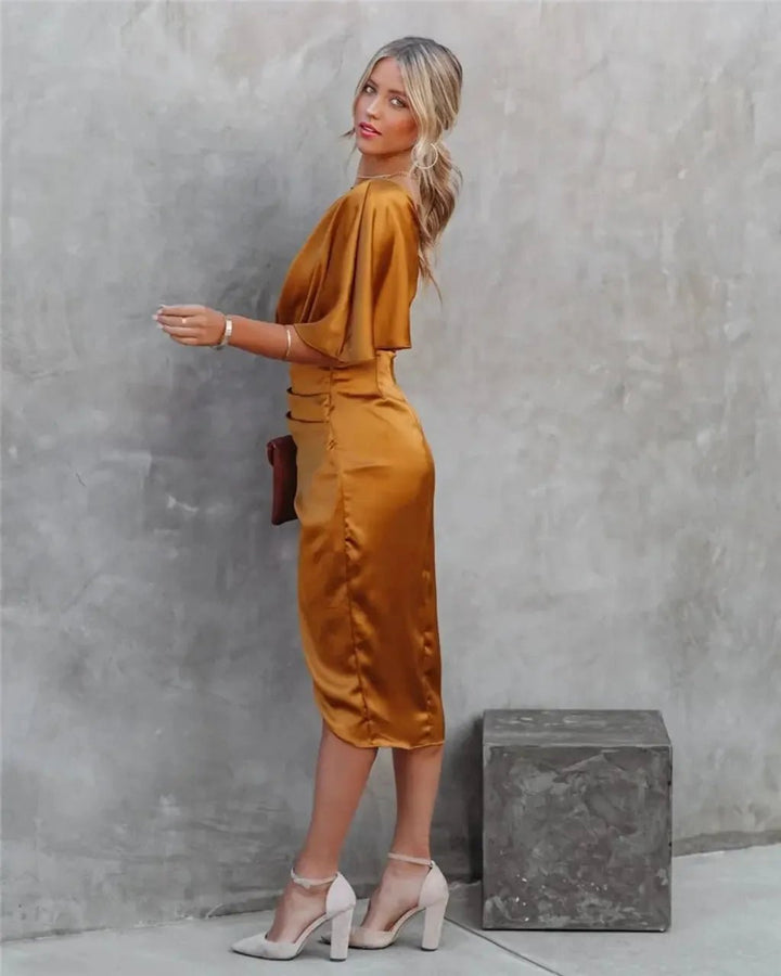 Isabella | Elegant One Shoulder Ruched Midi Dress - Emma's Dresses