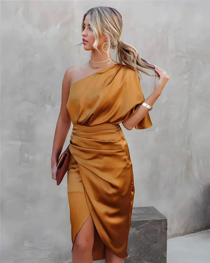 Isabella | Elegant One Shoulder Ruched Midi Dress - Emma's Dresses
