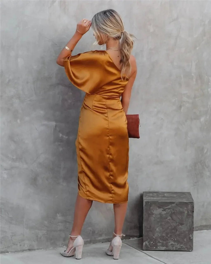 Isabella | Elegant One Shoulder Ruched Midi Dress - Emma's Dresses