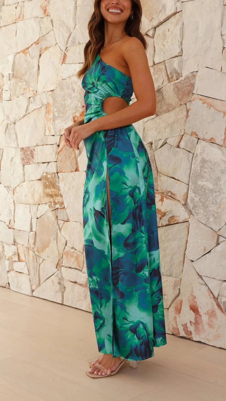 Ava | Elegant One Shoulder Tropical Print Maxi Dress - Emma's Dresses