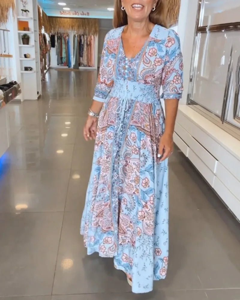 Aria | Elegant Blue Paisley V - Neck Maxi Dress with Sleeves - Emma's Dresses