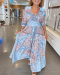 Aria | Elegant Blue Paisley V-Neck Maxi Dress with Sleeves
